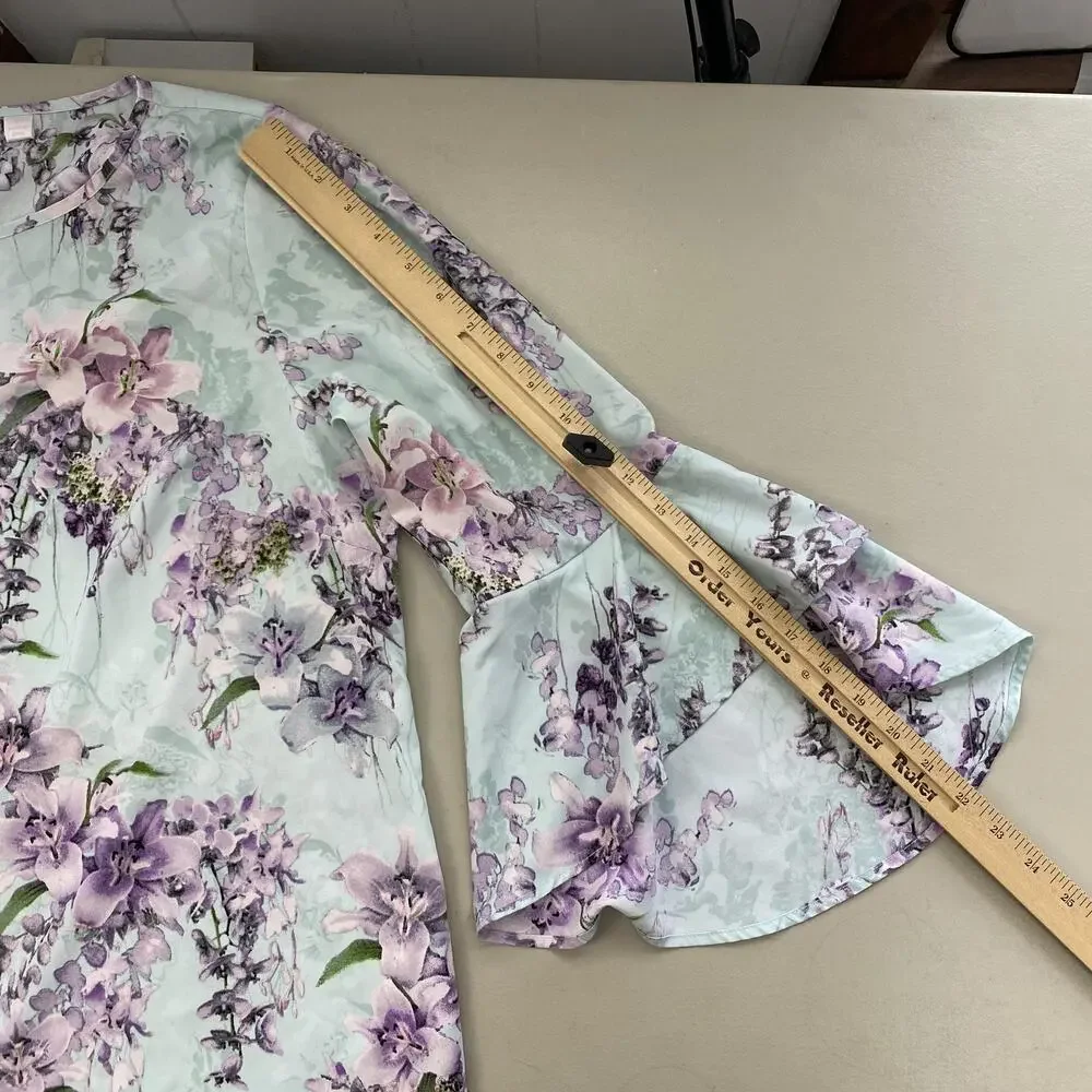 Belle Kim Gravel Top Large Blue Floral Flutter Sleeve Pastel Garden Boho A307916 - Picture 7 of 13